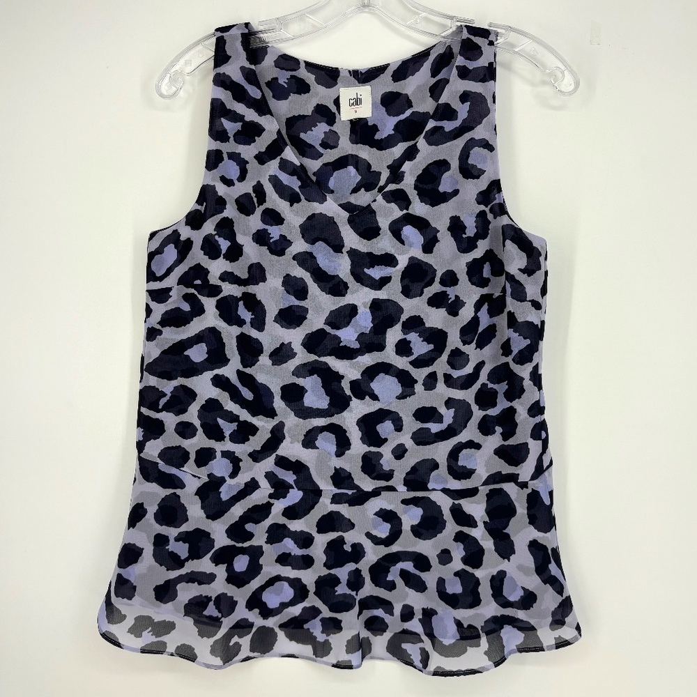 Cabi Womens Small Tank Top Sheer Periwinkle Animal Print V-Neck Peplum Slit 5536